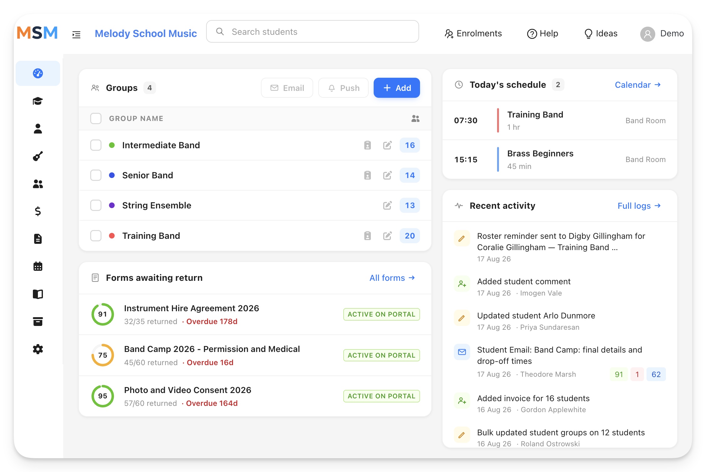 The My School Music dashboard